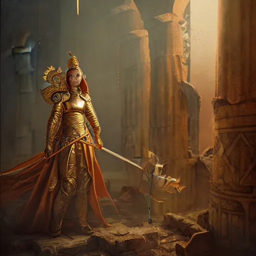 Prompt: An portrait of a female Knights of Zodiac, golden and copper armor, at ancinet Agora of Athens, ruins, Golden Light, illustration, art by greg rutkowski, Daeho Cha and WLOP, volumetric light, lightrays, smoke, cinematic, intricate, hypermaximalist, super detailed