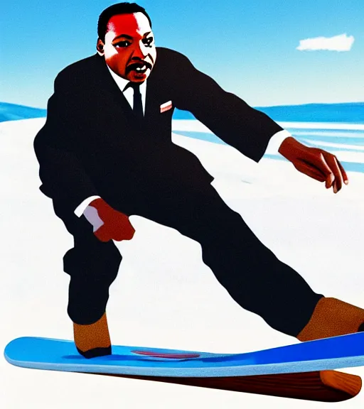 Image similar to martin luther king riding a snowboards in summer on the beach, photorealistic, 4 k, sharp, highly detailed,