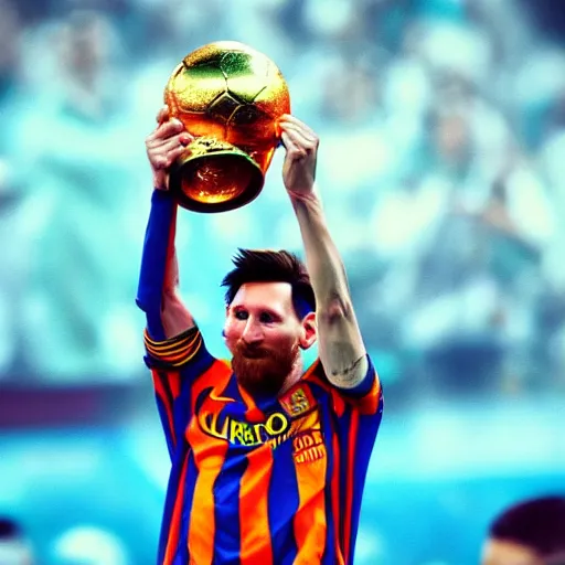 Image similar to super realistic and detailed photo of Lionel Messi lifting the World Cup, wearing the Argentina football team jersey, background out of focus,