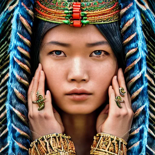 Image similar to portrait of a stunningly beautiful asian tribal female, depth of field, zeiss lens, detailed, symmetrical, centered, fashion photoshoot, by annie leibovitz and steve mccurry, david lazar, jimmy nelsson, breathtaking, 8 k resolution, extremely detailed, beautiful, establishing shot, artistic, hyperrealistic, beautiful face, octane render