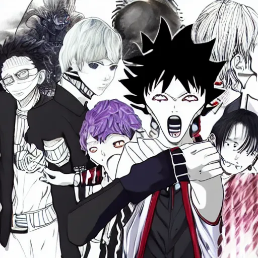 Image similar to tokyo ghoul and black clover crossover in a ruined villiage