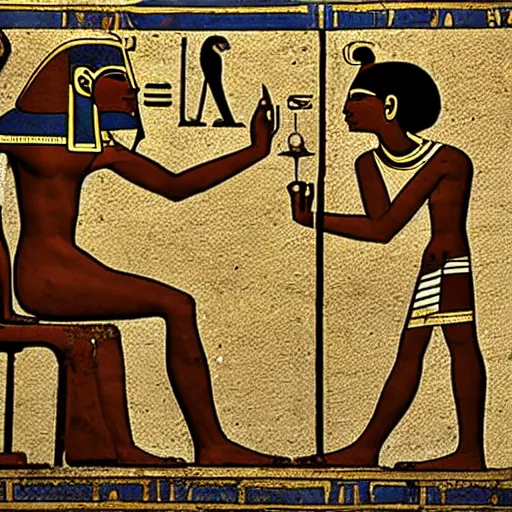 Prompt: ancient egyptian art of set working on a computer