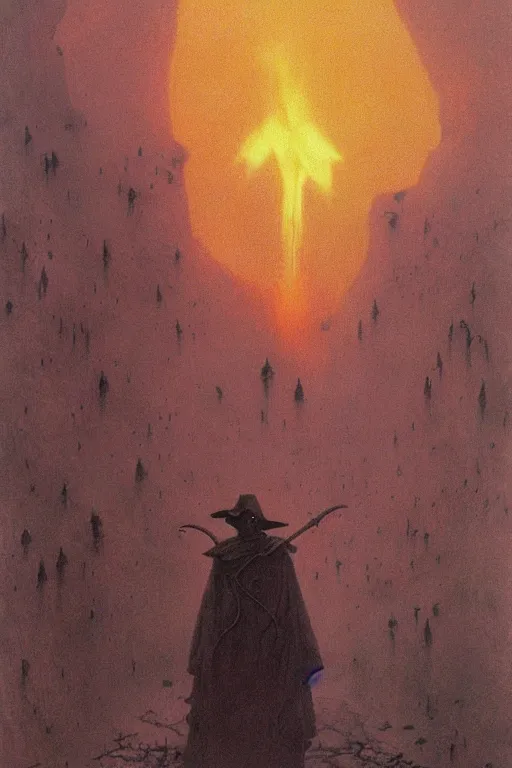 Image similar to plague doctor from iron gridle but human form, destroyed city and flames by zdzislaw beksinski, color