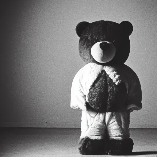 Prompt: Portrait studio photograph of Kanye West standing in front of a anthropomorphic teddy bear, close up, shallow depth of field, in the style of Felice Beato, Noir film still, 40mm