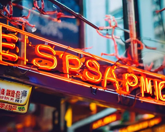 Prompt: neon sign for a shrimp sandwich shop in hong kong, DSLR photography