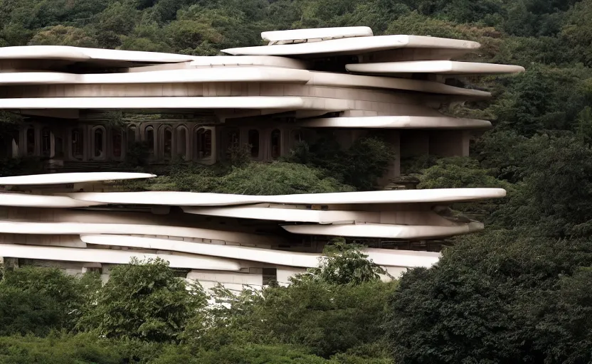 Image similar to an architectural masterpiece by frank Lloyd wright and Zaha hadid