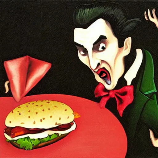 Image similar to Dracula eats a Hamburger, gothic painting