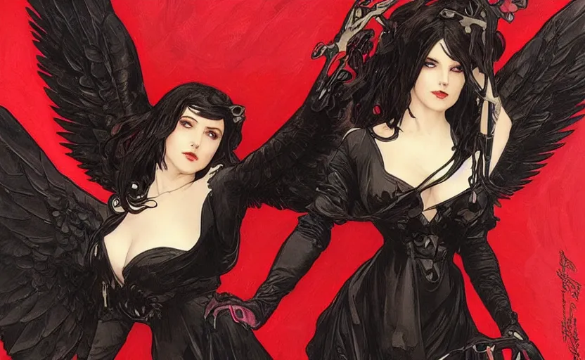 Prompt: Female dark angel in gothic red and black dress, their black wings are extended. By artgerm and greg rutkowski and alphonse mucha