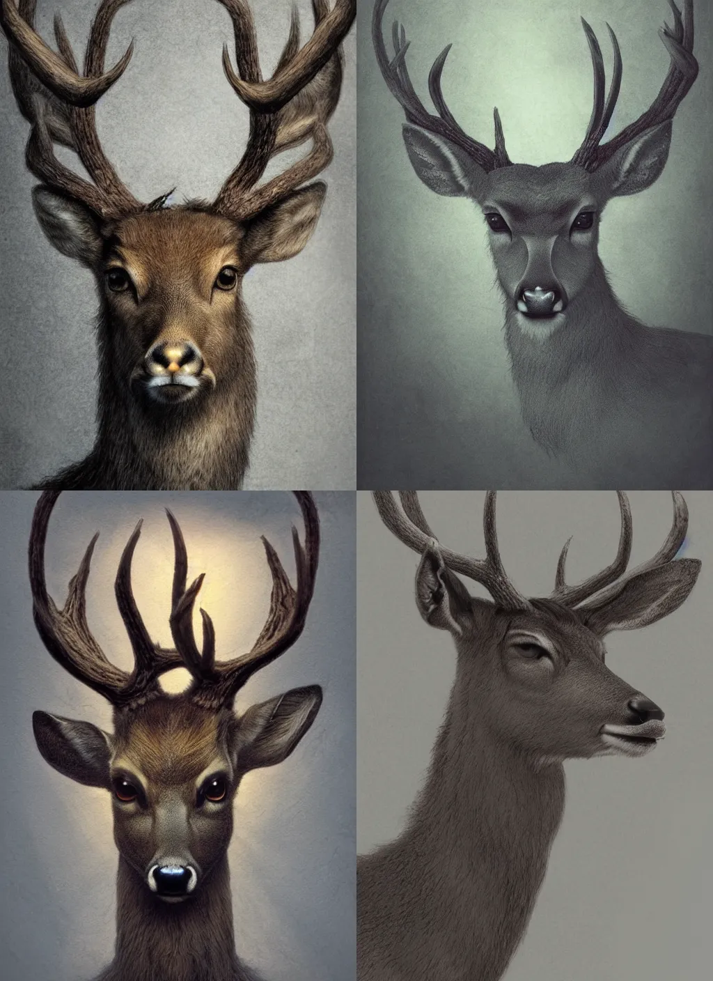 Prompt: portrait of a deer with long hairs in alan lee and marc simonetti and emil melmoth style , cinematic lighting