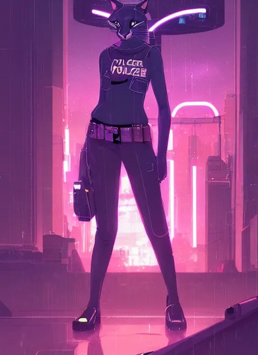 Image similar to beautiful portrait commission of a female furry anthro panther fursona wearing a police uniform. Cyberpunk city at night in the rain. Neon light. Atmospheric. Character design by charlie bowater, ross tran, artgerm, and makoto shinkai, detailed, inked, western comic book art