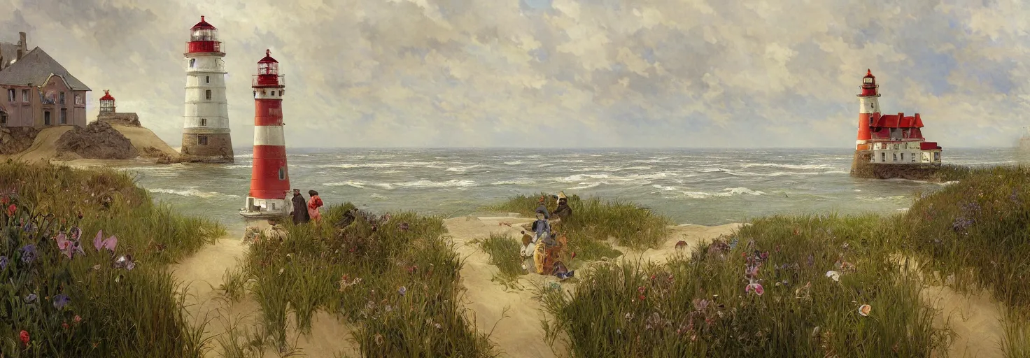 Prompt: super detailed in the style of Jan Brueghel the Elder, greg rutkowski and alphonse mucha , of Prince Edward Island with ocean a single lighthouse and sand dunes.