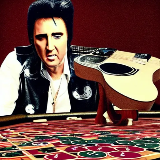 Prompt: nicolas cage as elvis presley playing the guitar over a poker table