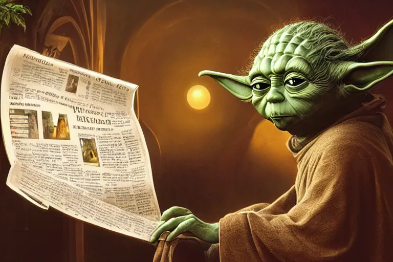 Image similar to a beautiful ultradetailed photo of yoda reading a newspaper in a monastery, by tom bagshaw and anna dittman, backlight, 3 5 mm lens, closeup shot, bokeh, golden ratio composition, sunset golden hour hues, very detailed, artstation, 8 k, highly coherent