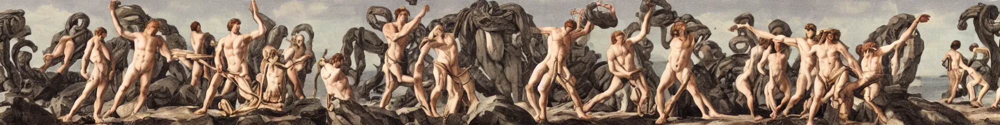 Prompt: long line-up of laocoon and his sons struggling with color coded network cabling, intertwined full body view, colorized postcard photography, white background