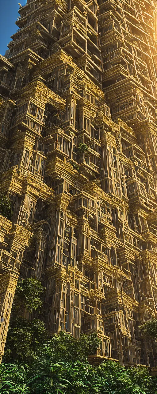 Image similar to photorealistic eye level view of a contemporary babylon tower, golden intricate details, stone facade, sacred ancient architecture, hanging gardens, cascading highrise, arid mountains with lush palm forest, sunlight, post - production, octane, cgi, sfx