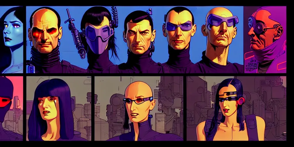 Image similar to cyberpunk heist crew. portrait by stonehouse and mœbius and will eisner and gil elvgren and pixar. character design. realistic proportions. dystopian. cyberpunk 2 0 7 7 character art, blade runner 2 0 4 9 concept art. cel shading. attractive face. thick lines. hi def 4 k. the team. detailed interesting characters. realistic faces.