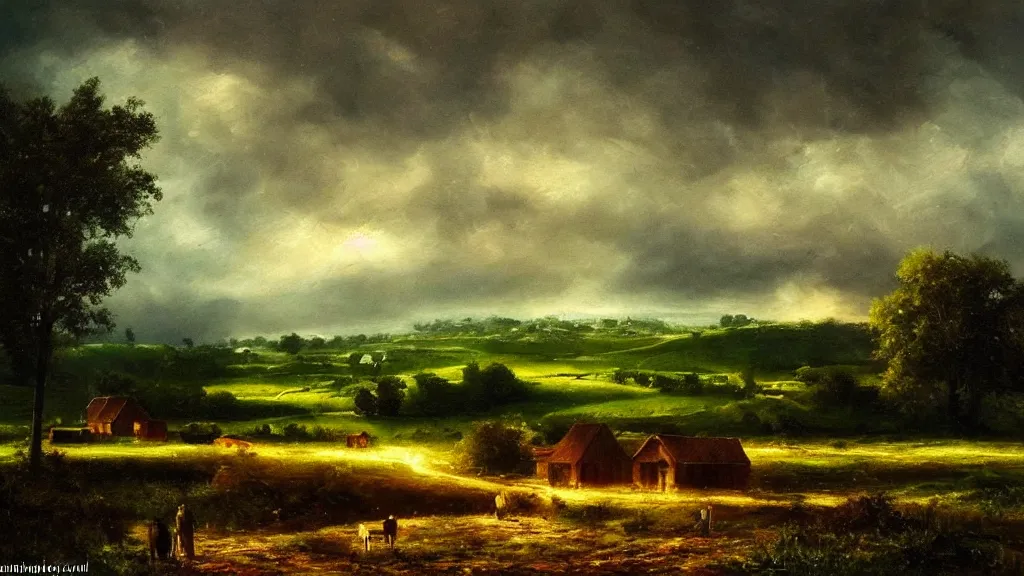Prompt: the most beautiful landscape, oil painting, a farm, raining, at night, cinematic lighting, highly detailed, very realistic