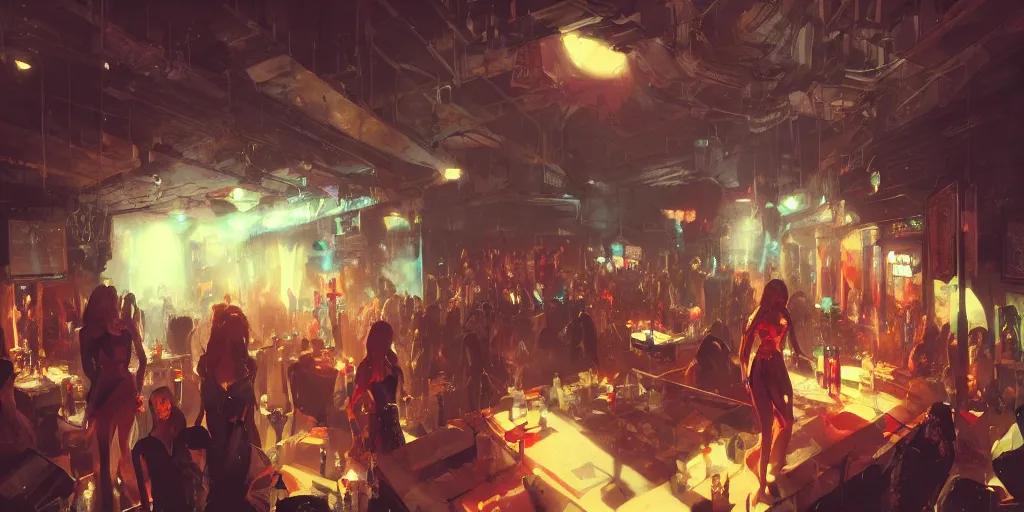 Prompt: Women hanging at the night club, Greg Rutkowski, Frank Miller, trending on Artstation, 8K, ultra wide angle, establishing shot, pincushion lens effect, zenith view