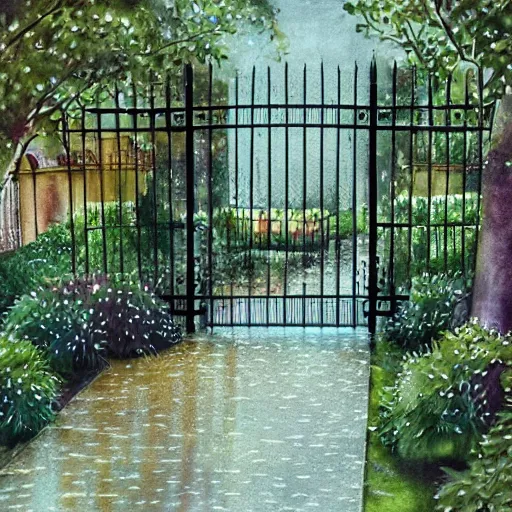 Image similar to delicate rain, symmetric, chairs, garden, paved, botanic watercolors, iridescent, 8 k, realistic shaded, fine details, artstation, italian, iron gate, tree, mediterranean, marvelous