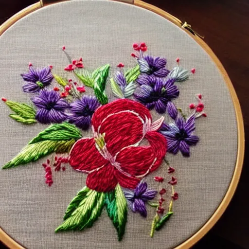 Prompt: a tiny beautiful handmade embroidery of a stunning bouquet of flowers. hand embroidery.