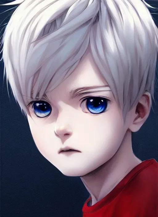 Image similar to detailed portrait art of boy with white three to seven hair, art by ross tran ilya kuvshinov krenz cushart, wear a white shirt, the left eye is black, the right eye is blue, and the bone is exposed on the right forehead, very detailed, intricate, digital anime art, sharp focus