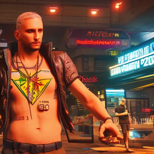 Image similar to stoned pizza dude Cyberpunk 2077. CP2077. 3840 x 2160
