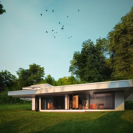 Prompt: a detailed photo of a house in the woods, designed by le corbusier, beautiful sunset, photorealistic, hyperrealistic, octane render