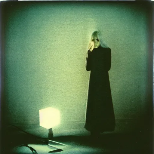 Image similar to polaroid by andrei tarkovsky and stephen gammell, surreal fever ray video of strange apparatus, rim light, shot at night with studio lights, liminal space, photorealistic, high definition, technicolor, award - winning photography, masterpiece, amazing colors,