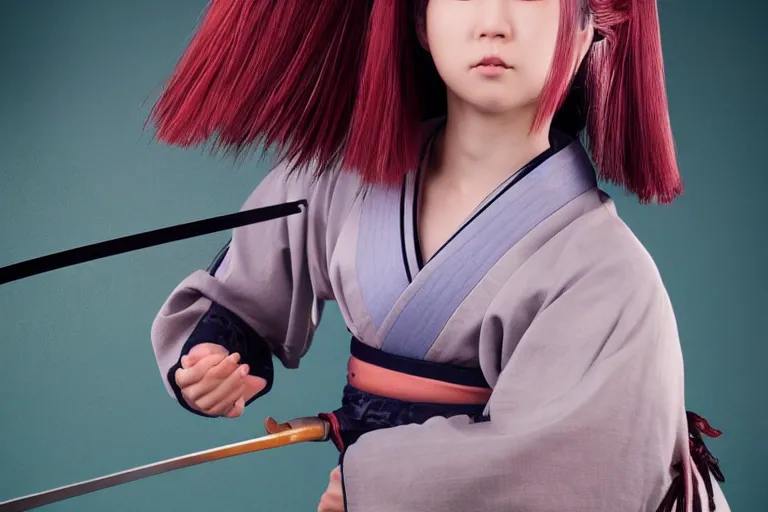 Prompt: beautiful photo of a young female samurai, practising sword stances, symmetrical face, beautiful eyes, huge oversized anime style sword, highly detailed, 8 k, award winning photo, muted pastels, action photography, 1 / 1 2 5 shutter speed, dramatic lighting