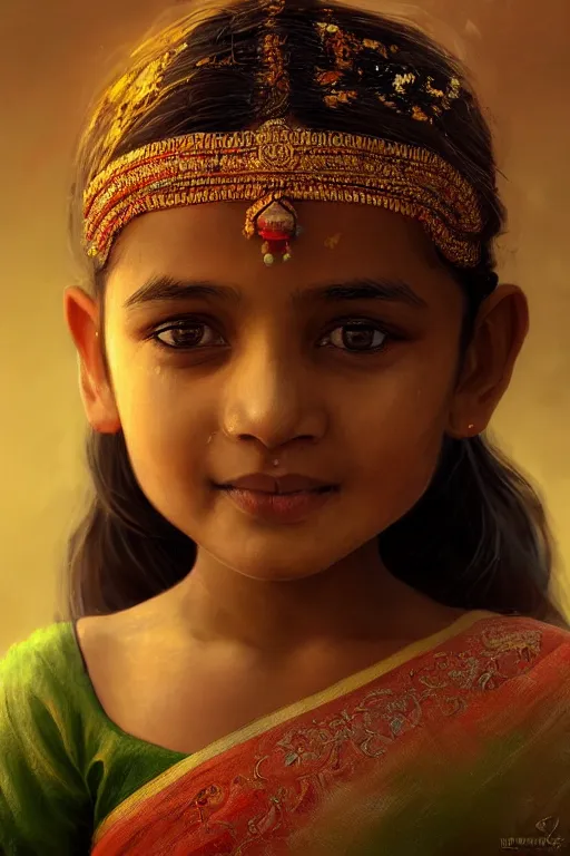 Image similar to hindu little girl, joyful, close - up portrait, intricate, elegant, volumetric lighting, scenery, digital painting, highly detailed, artstation, sharp focus, illustration, concept art, ruan jia, steve mccurry