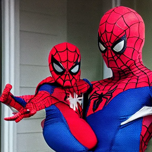 Image similar to realistic photo of spiderman holding baby wearing spiderman costumes, an film still