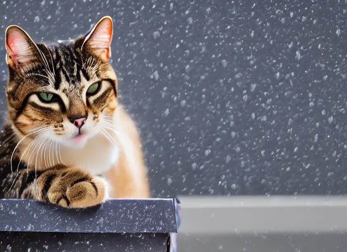 Image similar to photography of a Cat sitting on a box. in a room full of posters, photorealistic, raining award winning photo, 100mm, sharp, high res