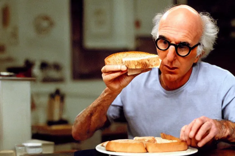 Prompt: larry david eating a sandwich, horror film still, dark atmosphere