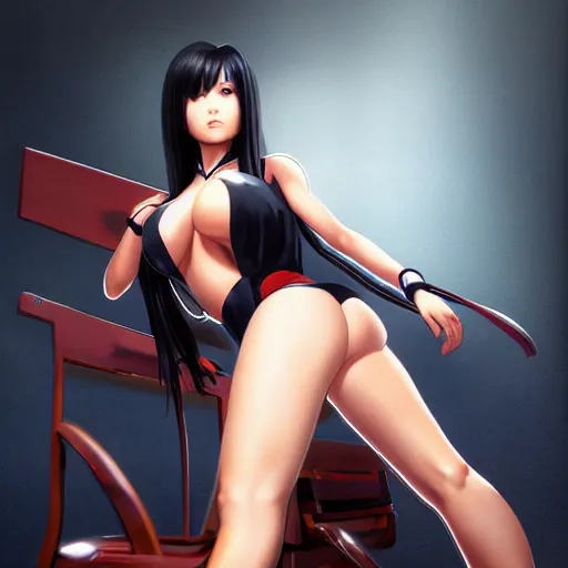 Image similar to 8K photorealistic Portrait of Nyotengu of DOA6 in HighSchool uniform, sitting on a chair, wide open wings, intricate, whole body, highly detailed, digital painting, artstation, concept art, smooth, sharp focus, illustration, art by Hajime Sorayama