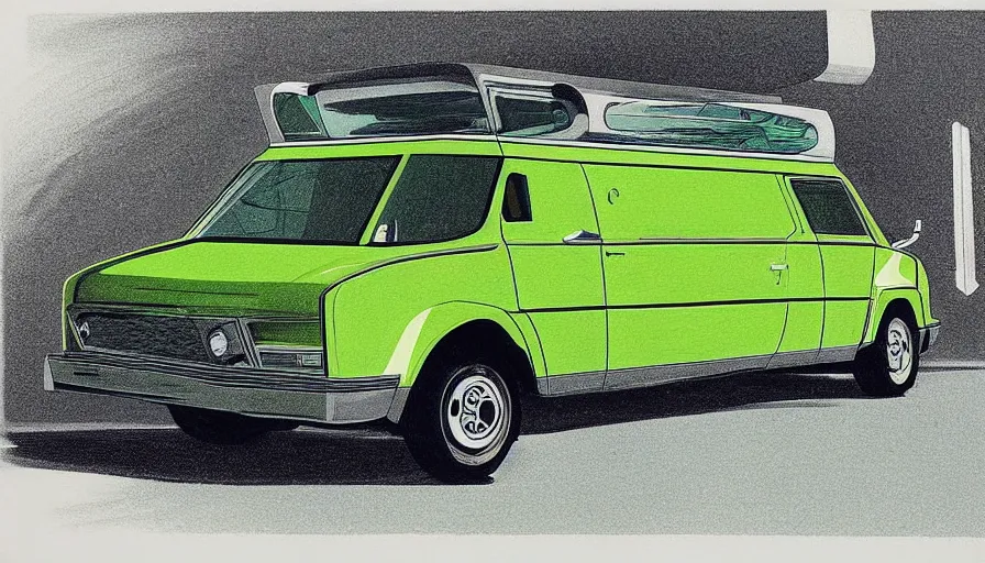 Prompt: 1975 concept drawing my Syd Mead of a green passenger van, full color catalog print