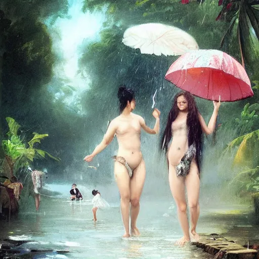 Prompt: monsoon on tropical island, endowed oriental girl in white, frontal, ornate, beautiful, atmosphere, vibe, mist, coconuts, rain, wet, pristine, puddles, melting, dripping, snow, creek, lush, ice, bridge, forest, roses, flowers, by stanley artgerm lau, greg rutkowski, francisco de goya