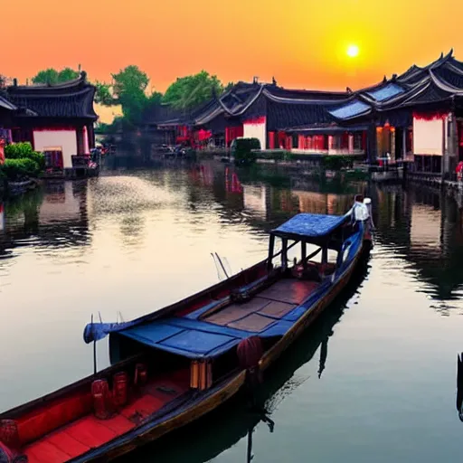 Prompt: beautiful and peaceful ancient water town in the south of china, zhouzhuang ancient town, movie style, warm color to move, boats, evening lanterns, the glow of the sunset on the water, high detailed, 4 k