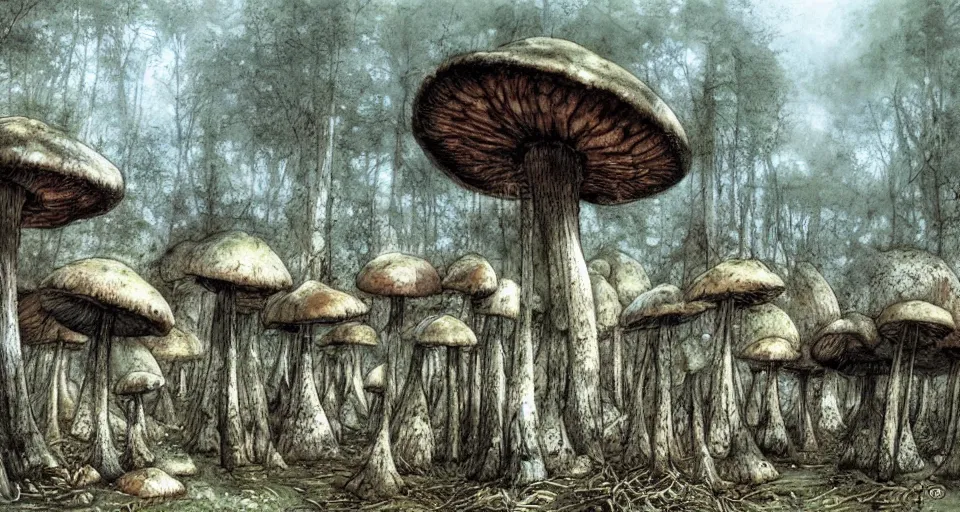 Image similar to A tribal village in a forest of giant mushrooms, by Luis Royo,