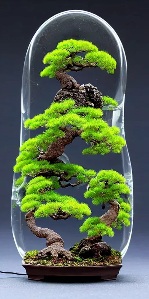 Image similar to a terrarium with bonsai miniature japanese's town minimalist table, lit from the side