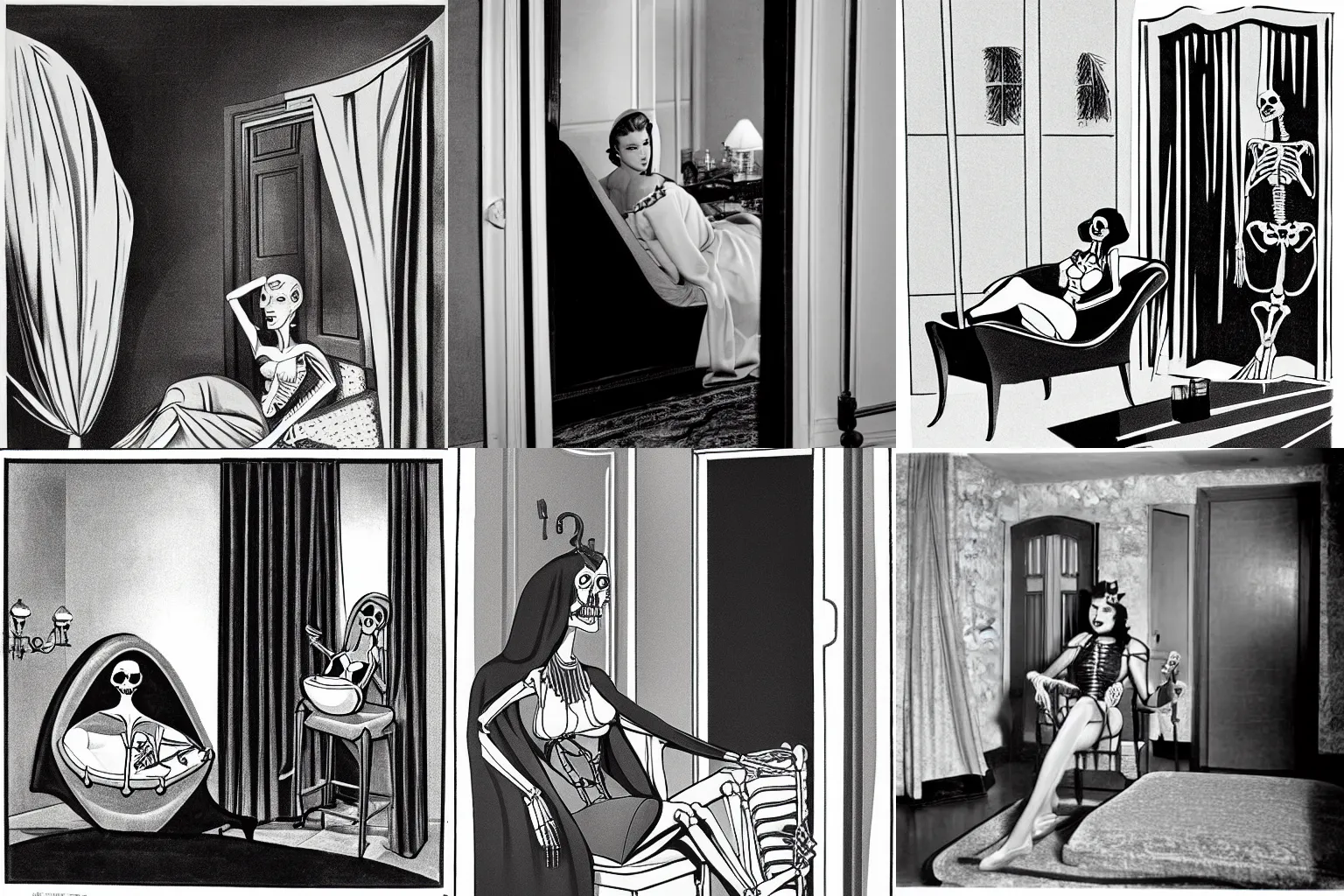 Prompt: room with a door. elegant 1940s diva sensually laying on a chaise longue having a martini in a hand. human skeleton wearing a hooded cape and black robe enters the room through the door