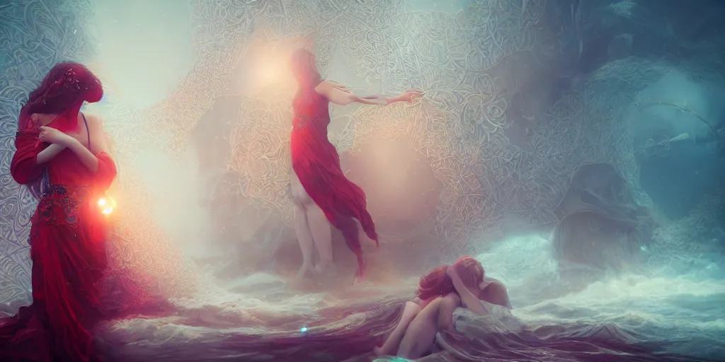 Image similar to ocean intricate fire pearls and ornate ruby, magical atmosphere, concept art, art nouveau, Reylia Slaby, Peter Gric, trending on artstation, volumetric lighting, CGsociety