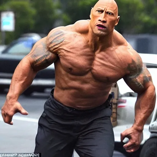 Prompt: breaking news, Dwayne the rock Johnson has become the Incredible Hulk and is bringing destruction to New York City as he smashes pavement and flips cars
