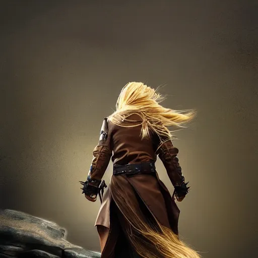 Prompt: rear side portrait of a big, long haired blonde man with a mechanical left arm, wearing a brown leather coat, ponytail hair, DnD, fantasy, digital art by Ruan Jia