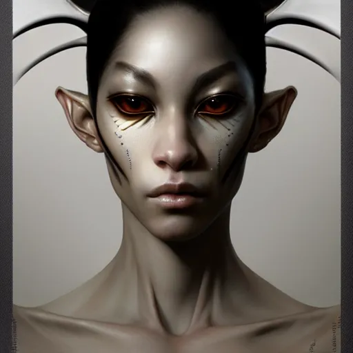 Prompt: ultra realist soft painting of a single attractive alien female, black scales, symmetry accurate features, very intricate details, focus, curvy, artstyle hiraku tanaka and craig mullins, award winning