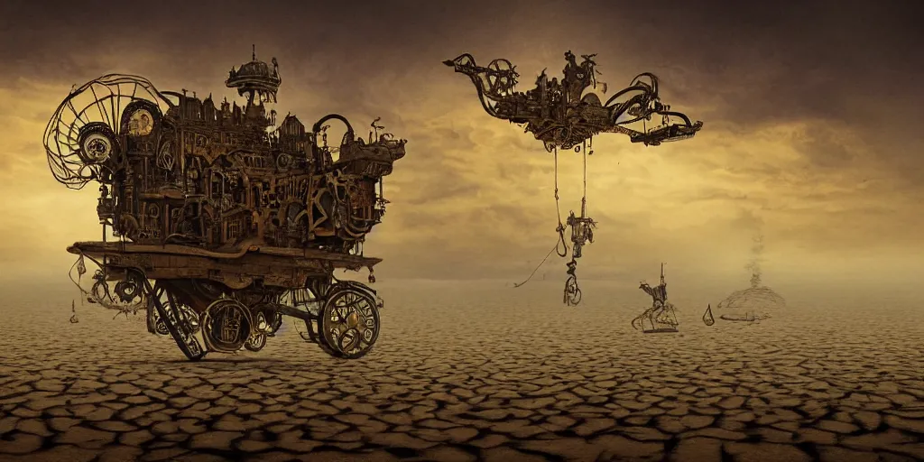 Image similar to steampunk zepellin floating above aral lake desert in the style of jaroslaw jasnikowski, dramatic lighting, colorfull, epic, photorealistic, perfectly centered, baroque style, steampunk, alexander mikhalchuk, jaroslaw jasnikowski, dariusz zawadzki, h. r. giger, trending on artstation