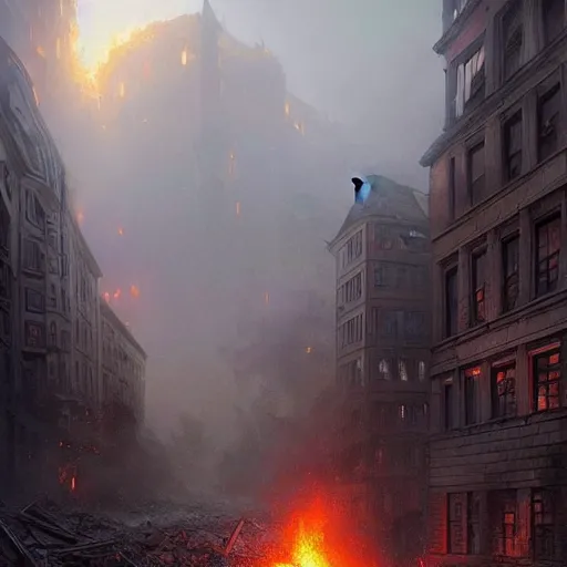 Image similar to city of munich destroyed by a meteor!!!, rubble!!, fires!! hyperrealistic, highly detailed, cinematic, foggy light from fires, beautiful, cgssociety, artstation, 8 k, oil painting by greg rutkowski, by artgerm, by wlop