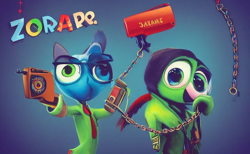 Image similar to “ one cute parrot with very big eyes, wearing a bandana and chain, holding a laser gun, standing on a desk, digital art, award winning, in the style of the movie zootopia ”