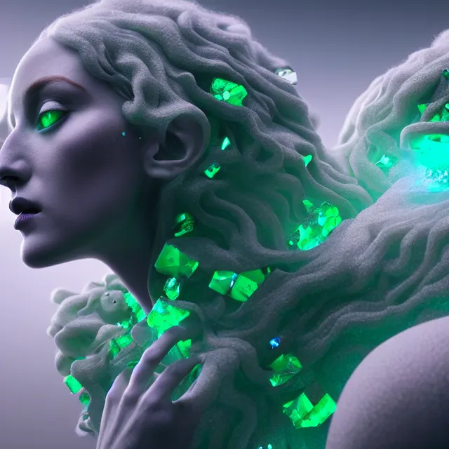 Image similar to a striking! render of ethereal beings made of emerald, agate, and smoky gray quartz, new age artwork, octane, houdini, 8 k, cgsociety, intricately detailed