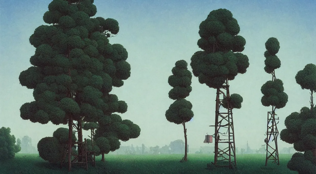 Image similar to single flooded simple wooden tree tower!, very coherent and colorful high contrast!! masterpiece by rene magritte simon stalenhag carl spitzweg syd mead norman rockwell edward hopper james gilleard, minimalist, dark shadows, sunny day, hard lighting