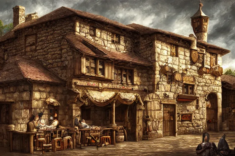 Image similar to A medieval tavern viewed from the outside, texture, intricate, details, highly detailed, masterpiece, architecture, building, trending on artstation, focus, sharp focus, concept art, digital painting, fantasy, sunny, day, midday